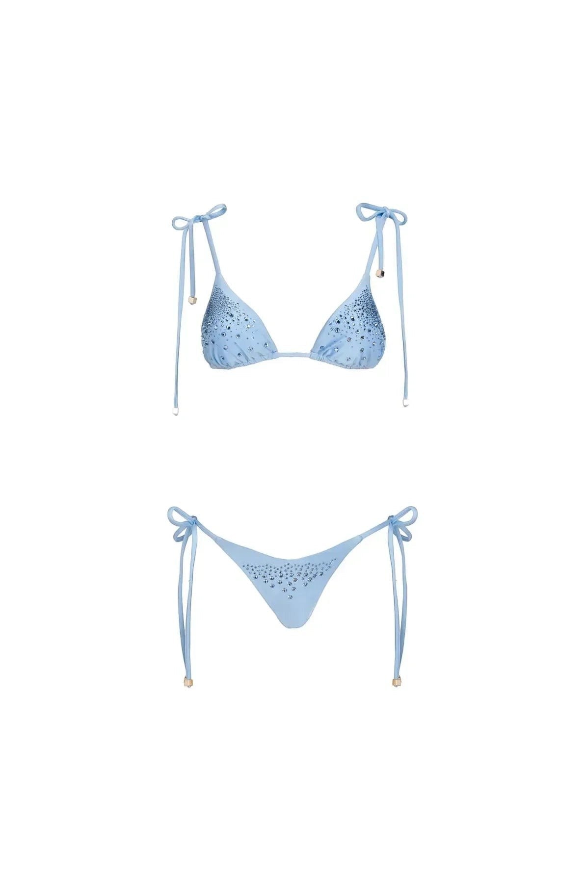 Miraee Paris light blue Aurora Diamond bikini set with sparkling crystal embellishments and tie-side details.