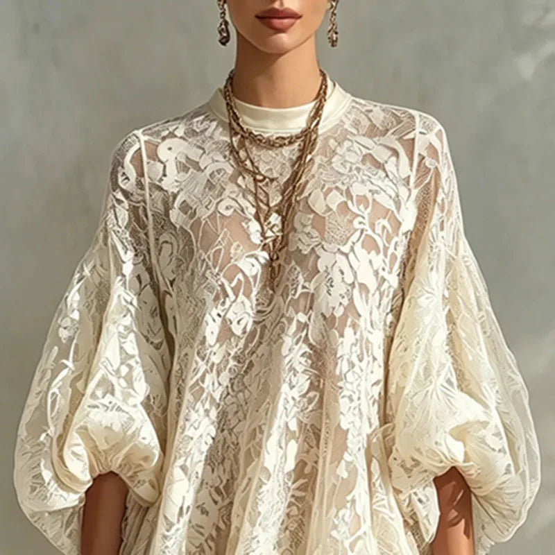 Damen Spitzen-Minikleid mit Blumenprint & Puffärmeln