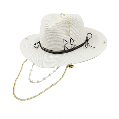 Damen Strohhut mit Perlenkette – Korean Beach Style