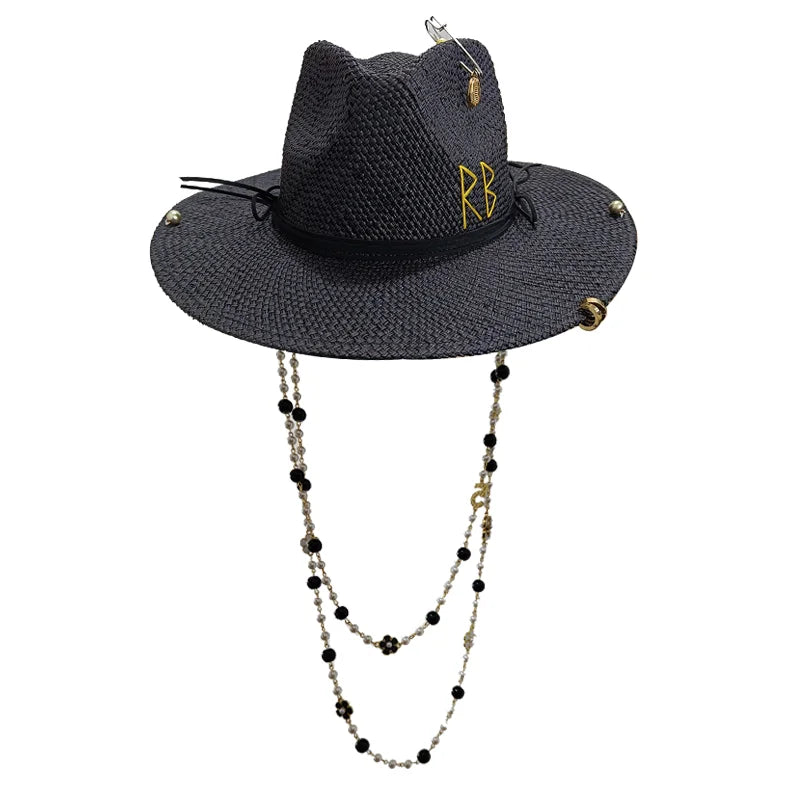 Damen Strohhut mit Perlenkette – Korean Beach Style