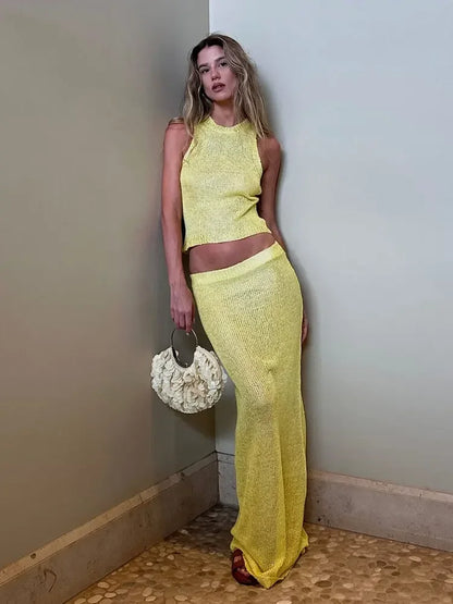 Shimmer Strick Zweiteiler – Glänzendes Maxi-Kleid Set