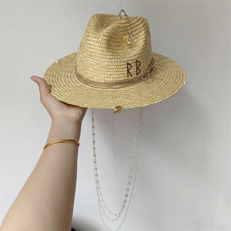 Damen Strohhut mit Perlenkette – Korean Beach Style