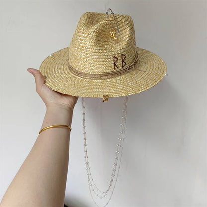 Damen Strohhut mit Perlenkette – Korean Beach Style
