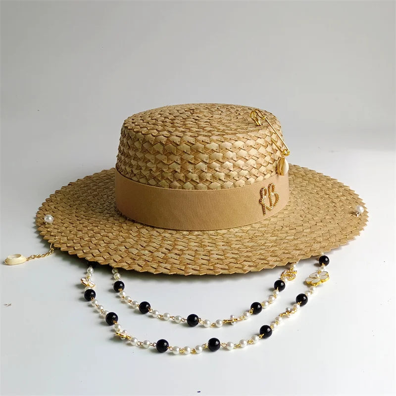 Damen Strohhut mit Perlenkette – Korean Beach Style