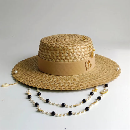 Damen Strohhut mit Perlenkette – Korean Beach Style