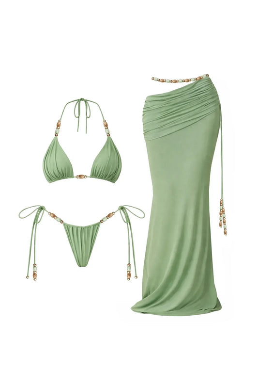 Mia Beads Bikini Set – Sexy 3-teiliges Badeoutfit mit Mesh-Rock & Cover-Up