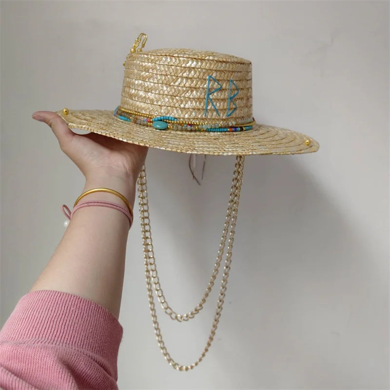 Damen Strohhut mit Perlenkette – Korean Beach Style