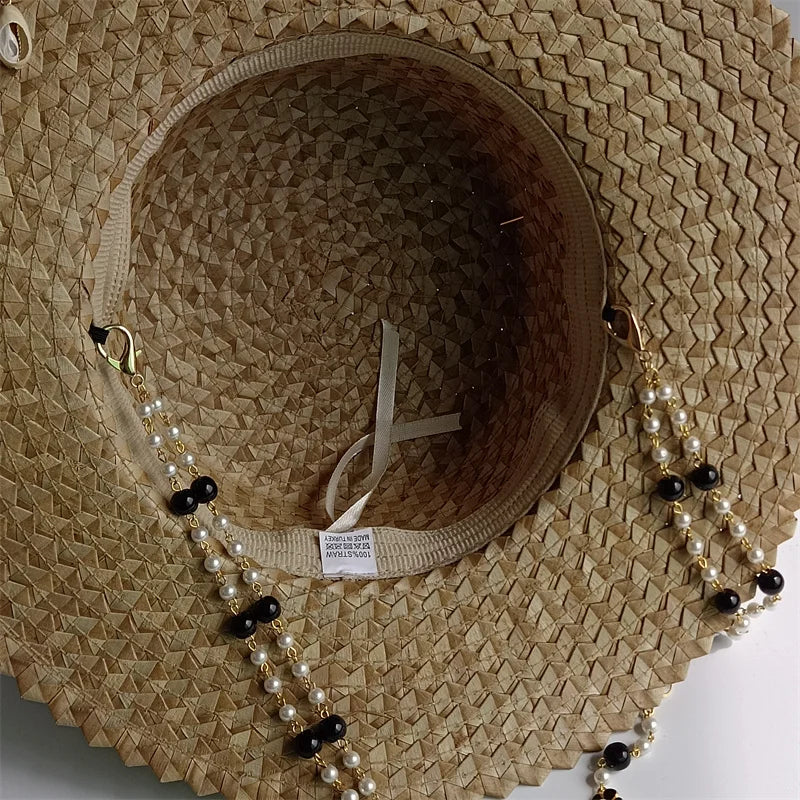 Damen Strohhut mit Perlenkette – Korean Beach Style