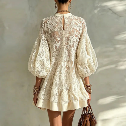 Damen Spitzen-Minikleid mit Blumenprint & Puffärmeln