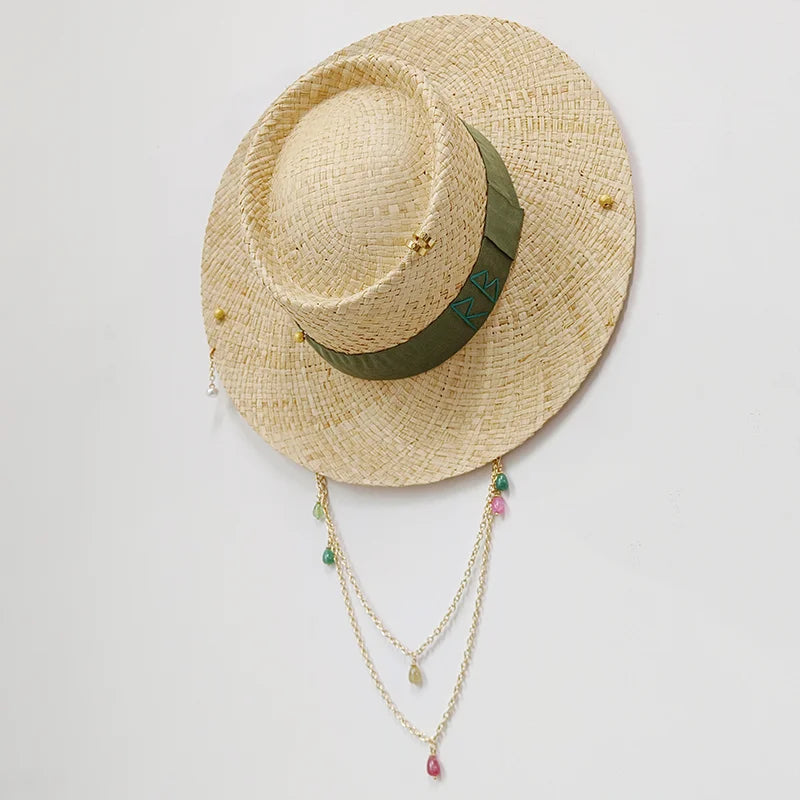 Damen Strohhut mit Perlenkette – Korean Beach Style