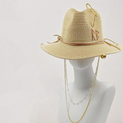 Damen Strohhut mit Perlenkette – Korean Beach Style