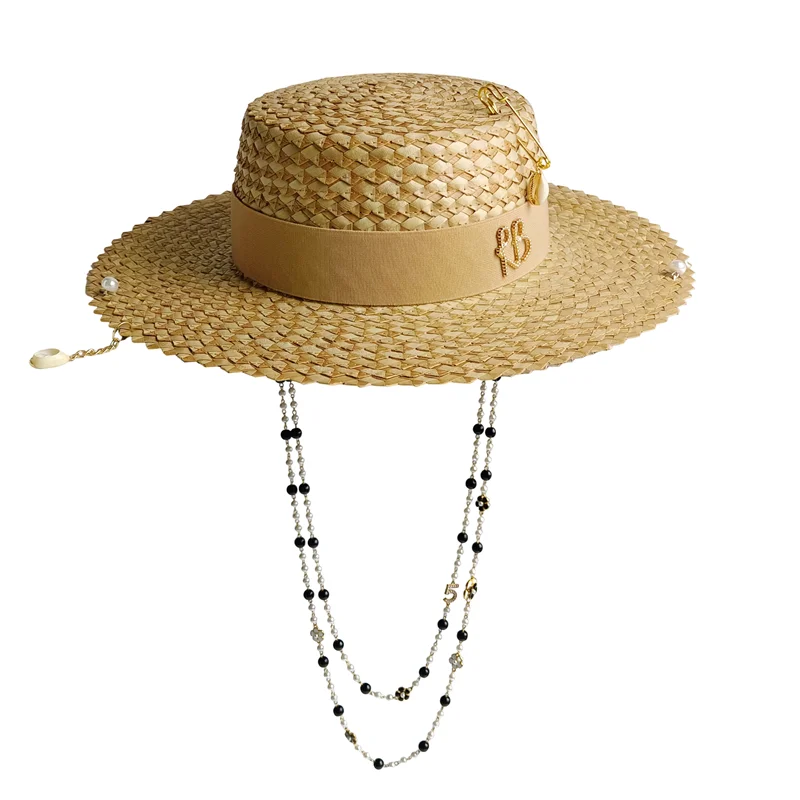 Damen Strohhut mit Perlenkette – Korean Beach Style