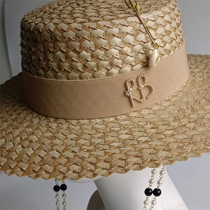 Damen Strohhut mit Perlenkette – Korean Beach Style