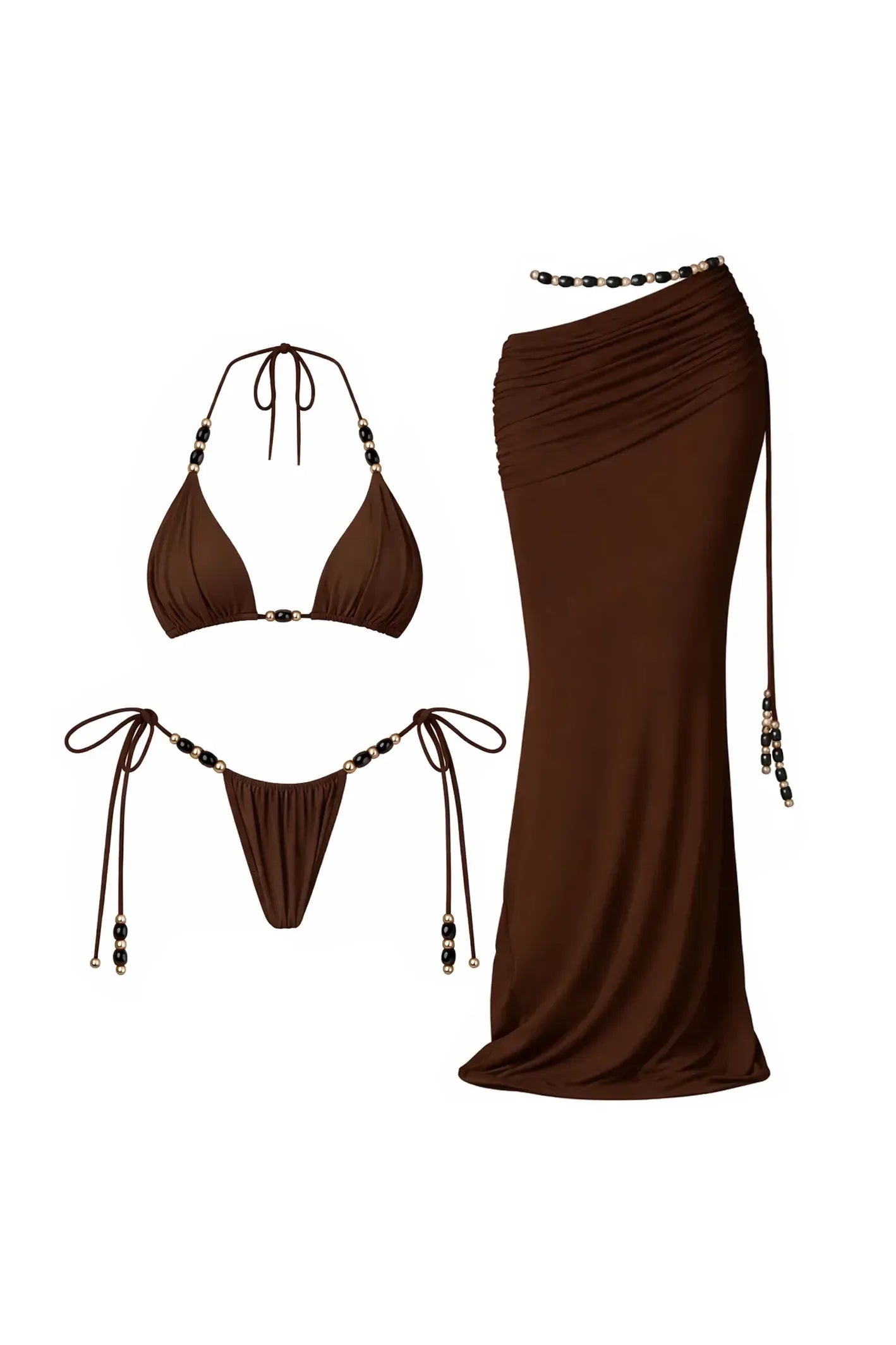 Mia Beads Bikini Set – Sexy 3-teiliges Badeoutfit mit Mesh-Rock & Cover-Up