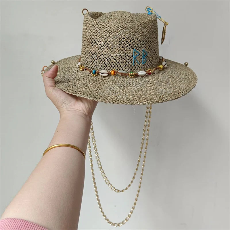 Damen Strohhut mit Perlenkette – Korean Beach Style