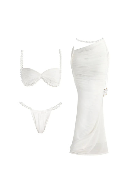 Mia Beads Bikini Set – Sexy 3-teiliges Badeoutfit mit Mesh-Rock & Cover-Up