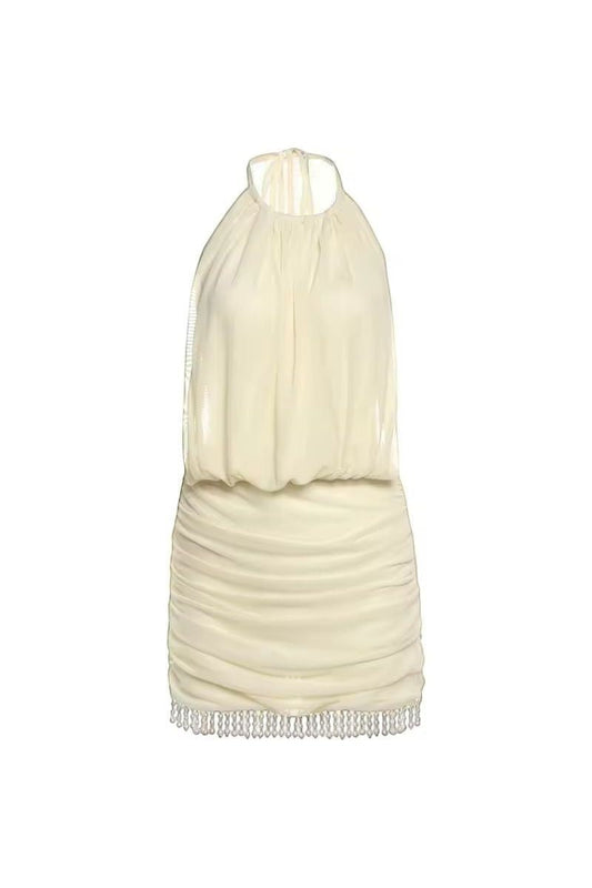 Mirae Paris butter yellow halter neck mini dress with ruched skirt and beaded hem. Soft, feminine, and elegant.