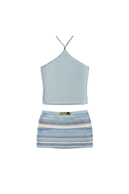 Miraee Paris light blue halter crop top and striped ruched mini skirt set made of soft knit with stretch.