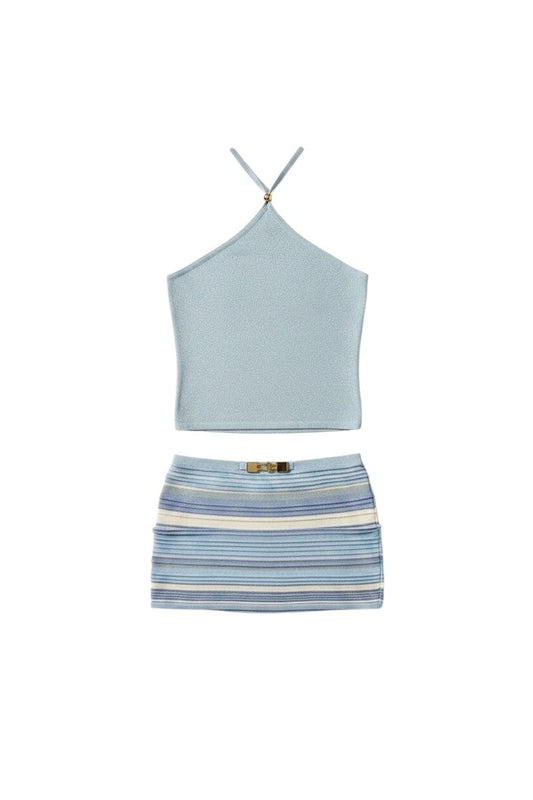 Miraee Paris light blue halter crop top and striped ruched mini skirt set made of soft knit with stretch.