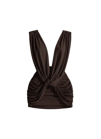 Miraee Paris Amélie Noir black backless mini dress with deep V-neck and elegant ruched detailing.