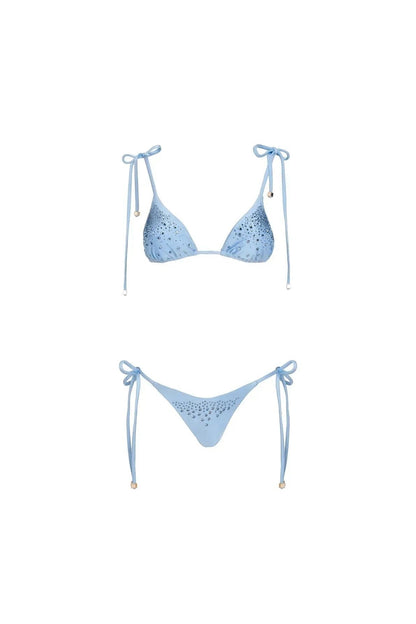 Miraee Paris light blue Aurora Diamond bikini set with sparkling crystal embellishments and tie-side details.
