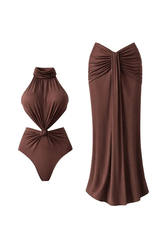 Miraee Paris Isabella luxury brown one-piece swimsuit with matching high-waisted skirt and elegant gathered detail.
