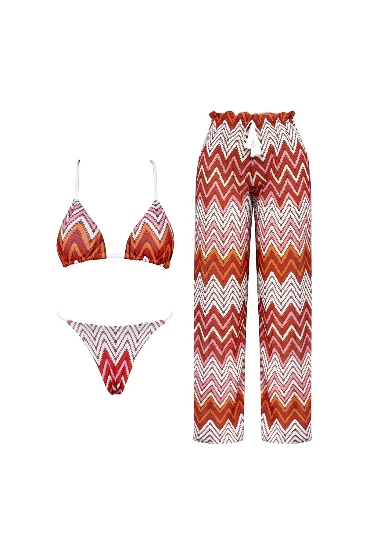 Miraee Paris 3-piece bikini set featuring a chevron striped triangle top, matching bikini bottom, and wide-leg pants.