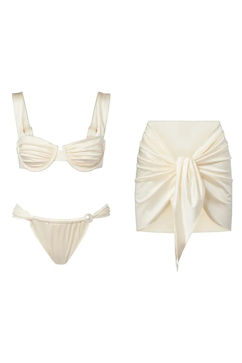 Miraee Paris Emma Pearl bikini set in cream with underwire top, pearl-accented bottoms, and a matching tie-front skirt.