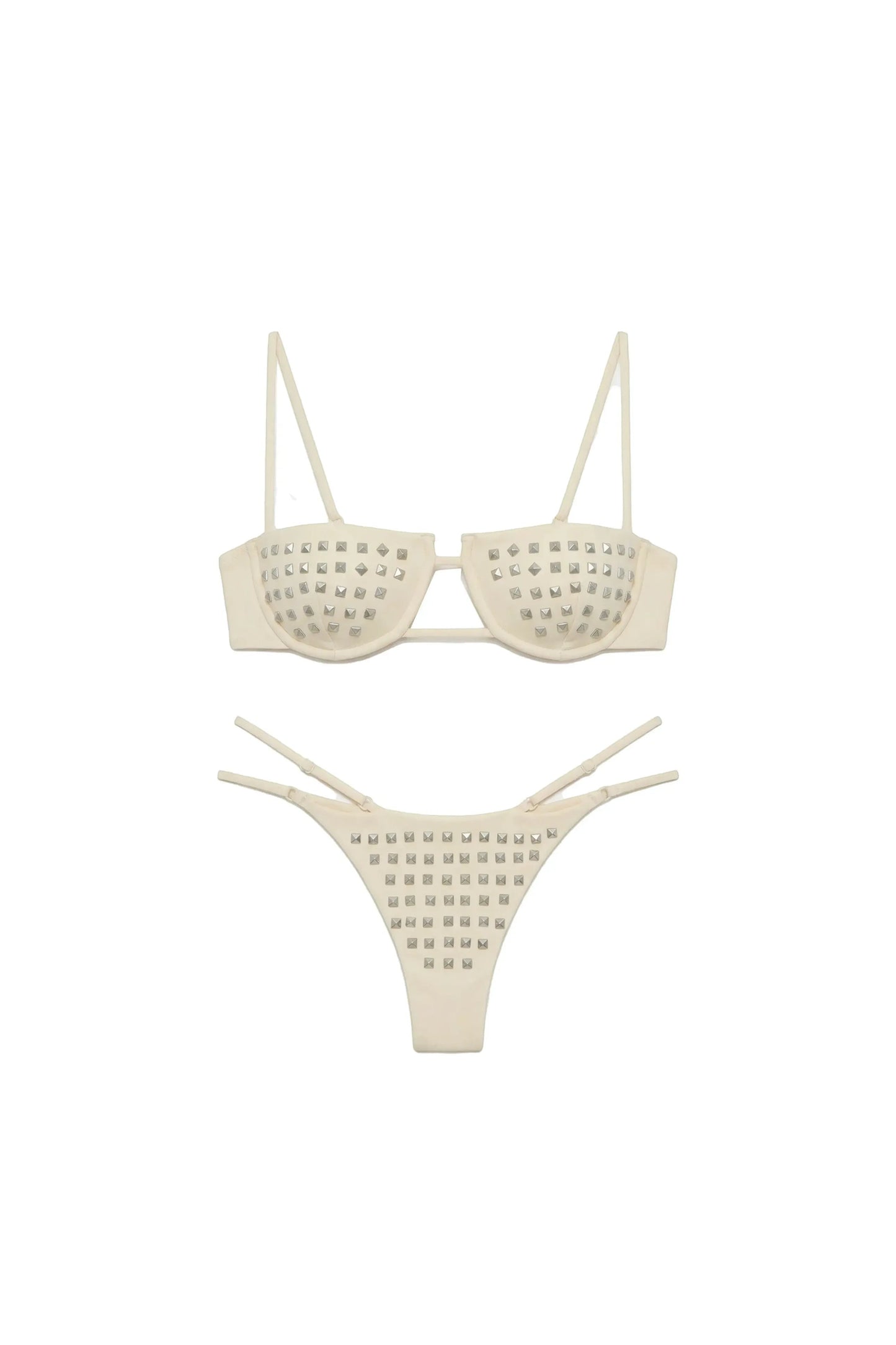 Miraee Paris Emma Rivet bikini set in cream featuring silver stud embellishments on the top and high-cut bottoms.