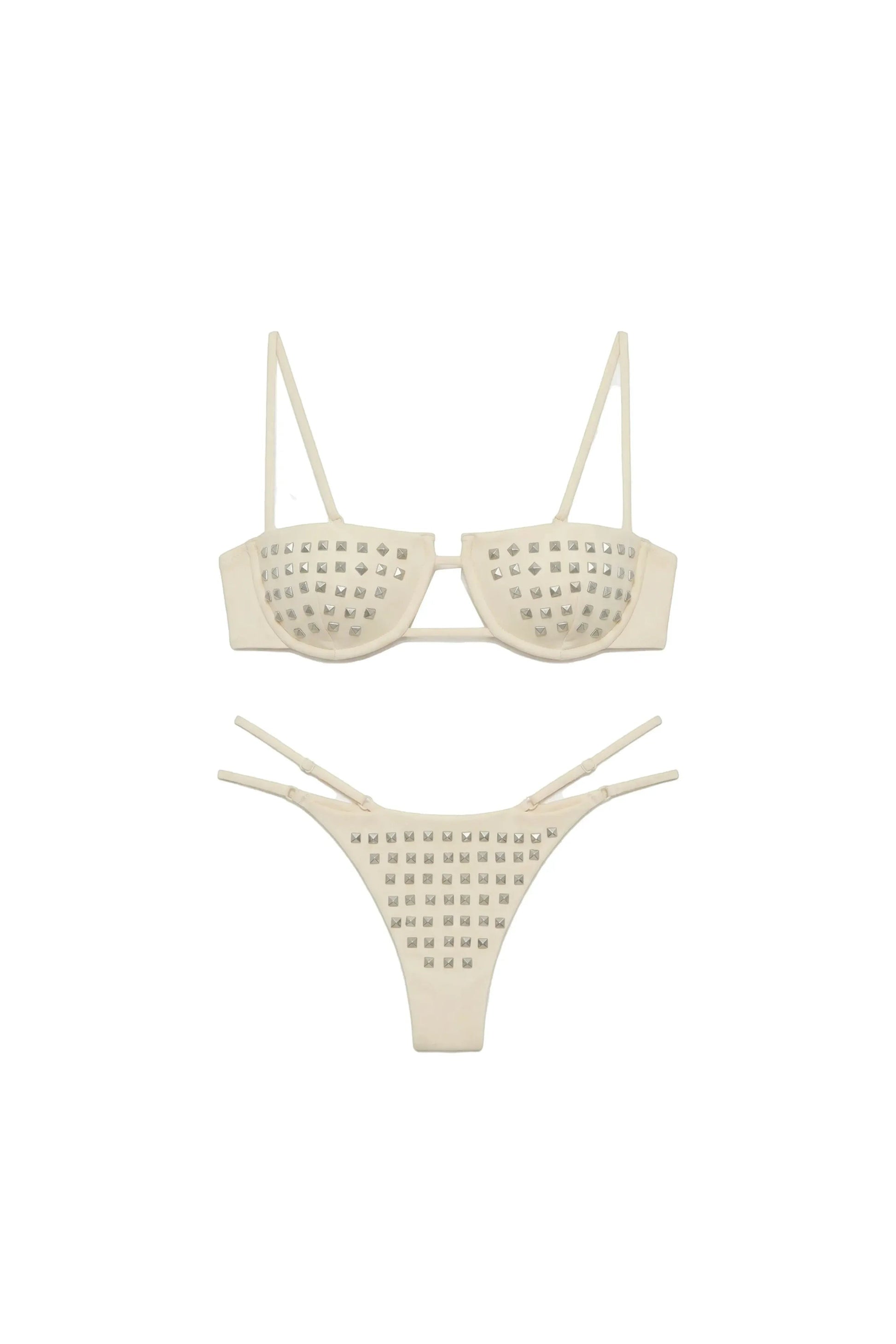 Miraee Paris Emma Rivet bikini set in cream featuring silver stud embellishments on the top and high-cut bottoms.
