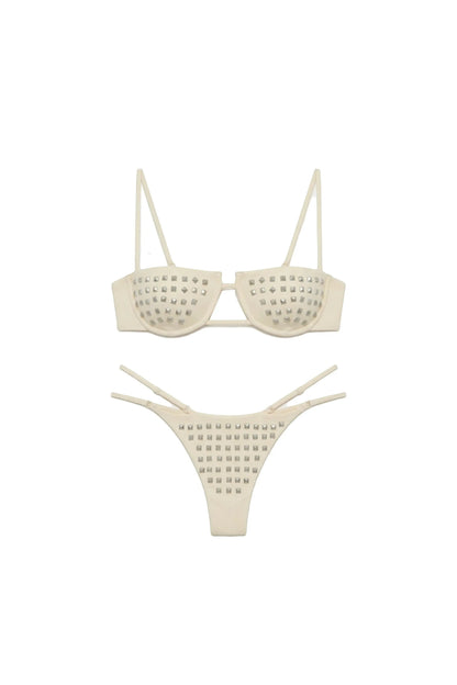 Miraee Paris Emma Rivet bikini set in cream featuring silver stud embellishments on the top and high-cut bottoms.