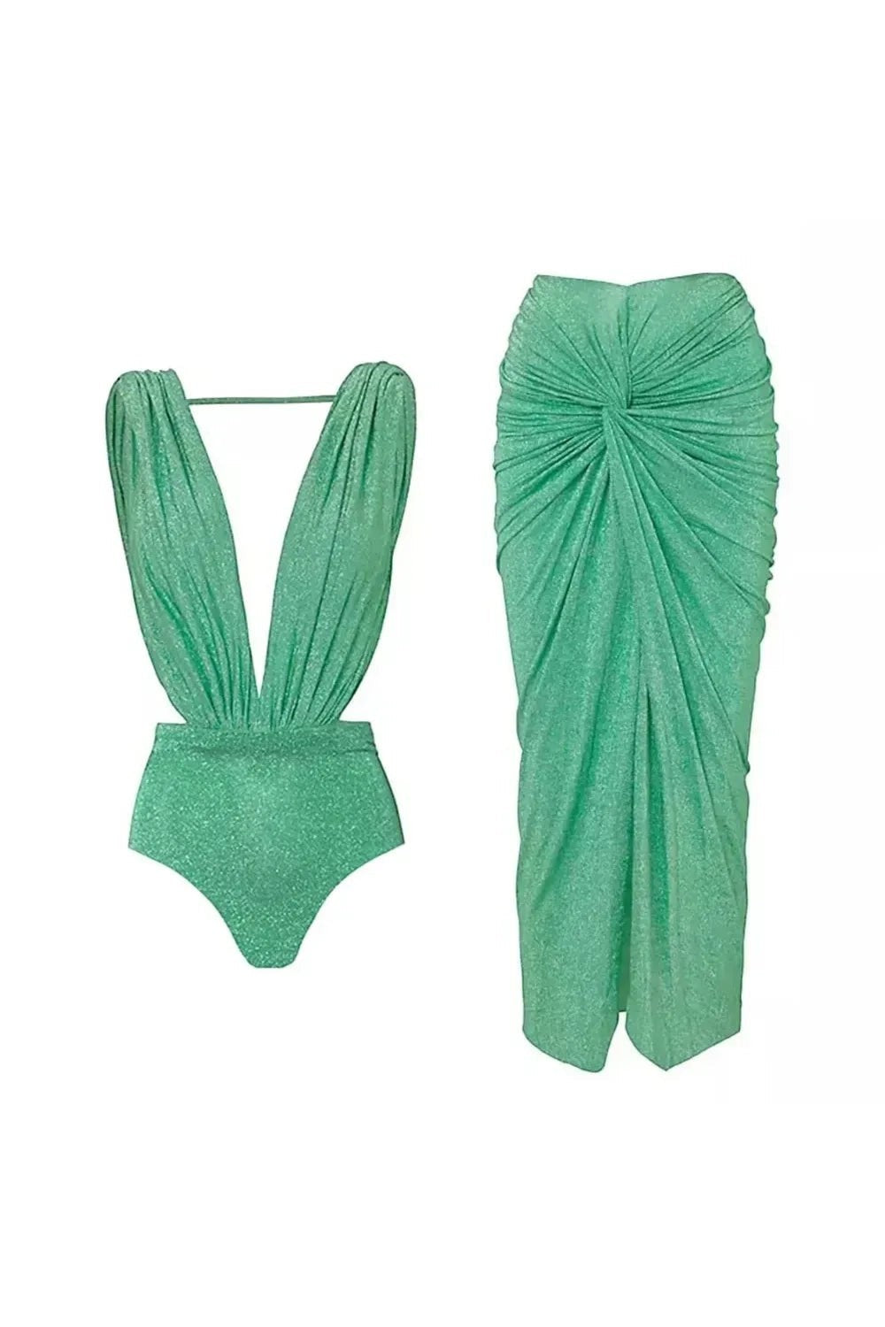 Miraee Paris Isabella glitter bikini set in mint green with a deep V-neck bodysuit and matching draped midi skirt.