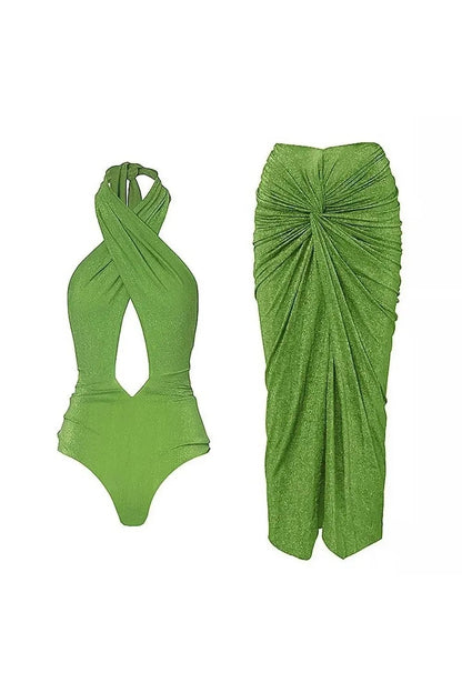 Miraee Paris Isabella glitter bikini set in bright green with a halter neck top and matching draped midi skirt.