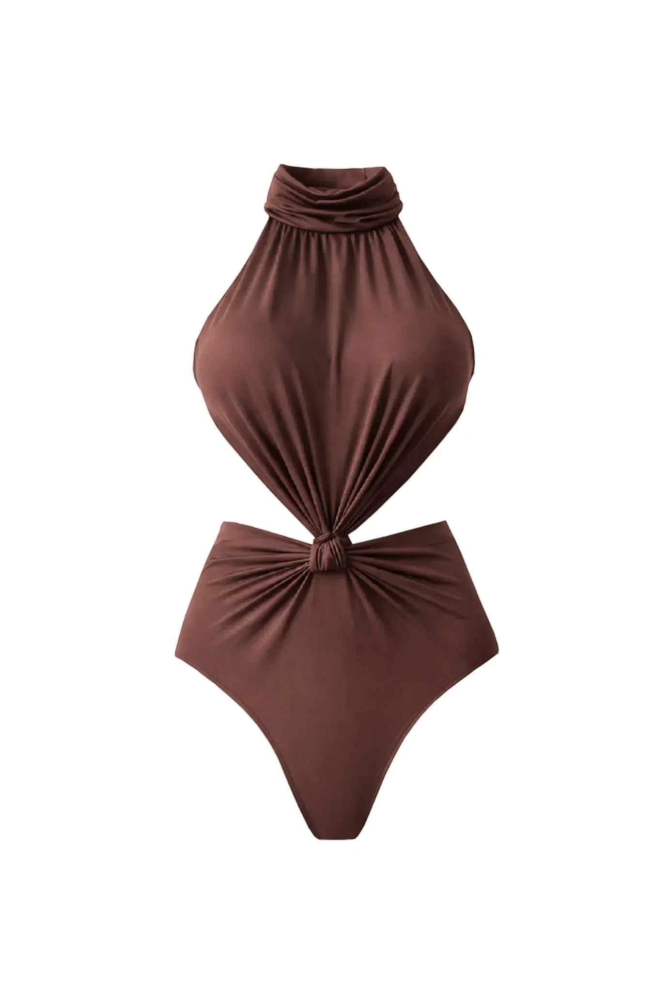 Miraee Paris Isabella luxury brown one-piece swimsuit with a high halter neckline, cut-out waist, and knotted detail.