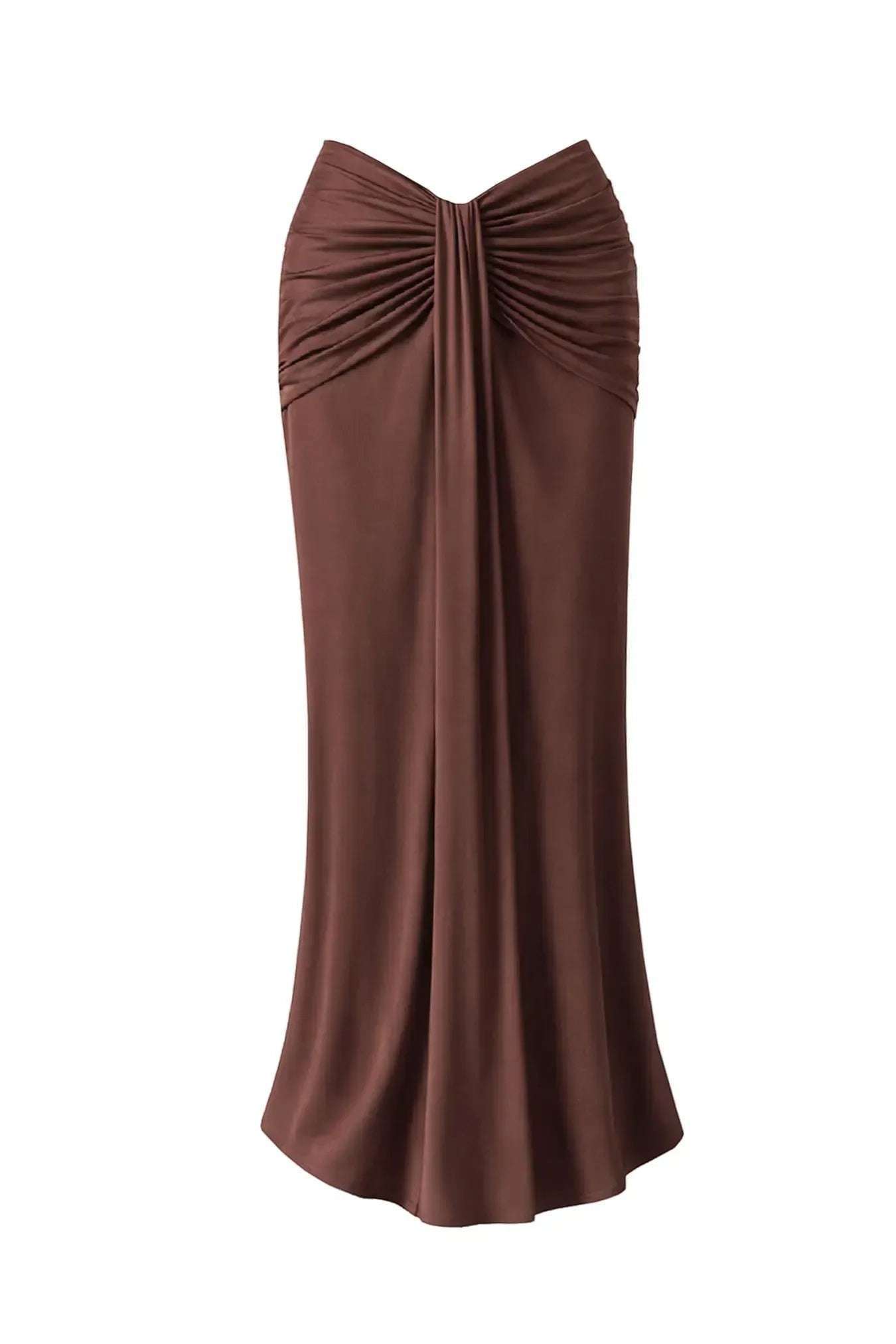 Miraee Paris Isabella luxury brown one-piece swimsuit featuring a draped skirt design for an elegant beach look.