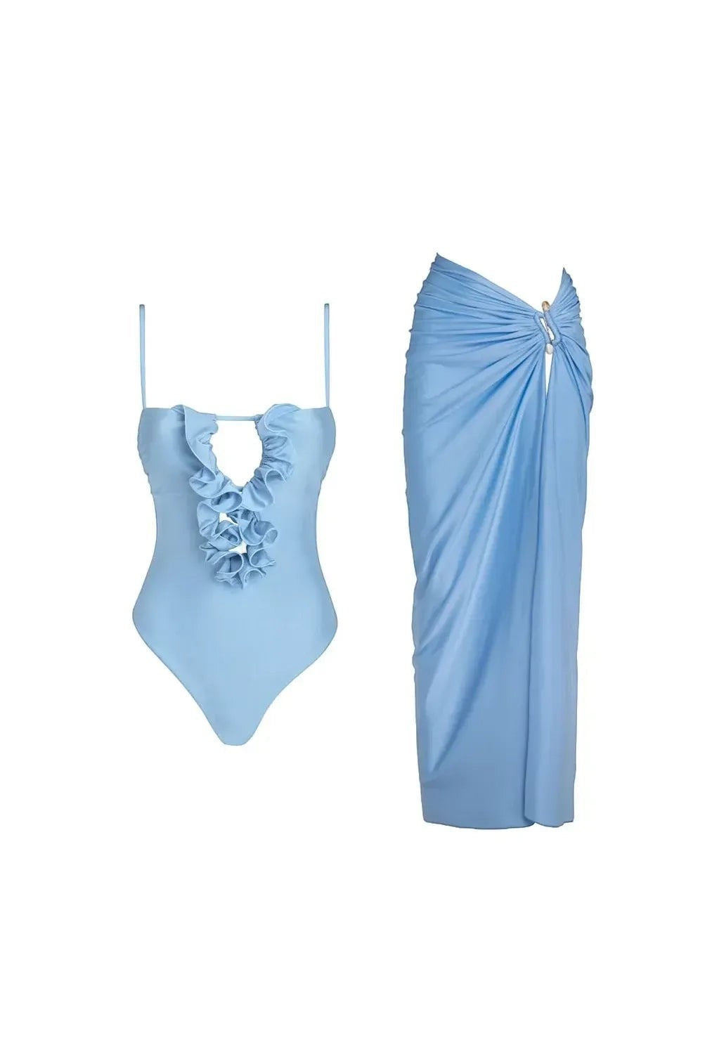 Miraee Paris Lara light blue one-piece swimsuit with ruffled neckline and matching sarong cover-up