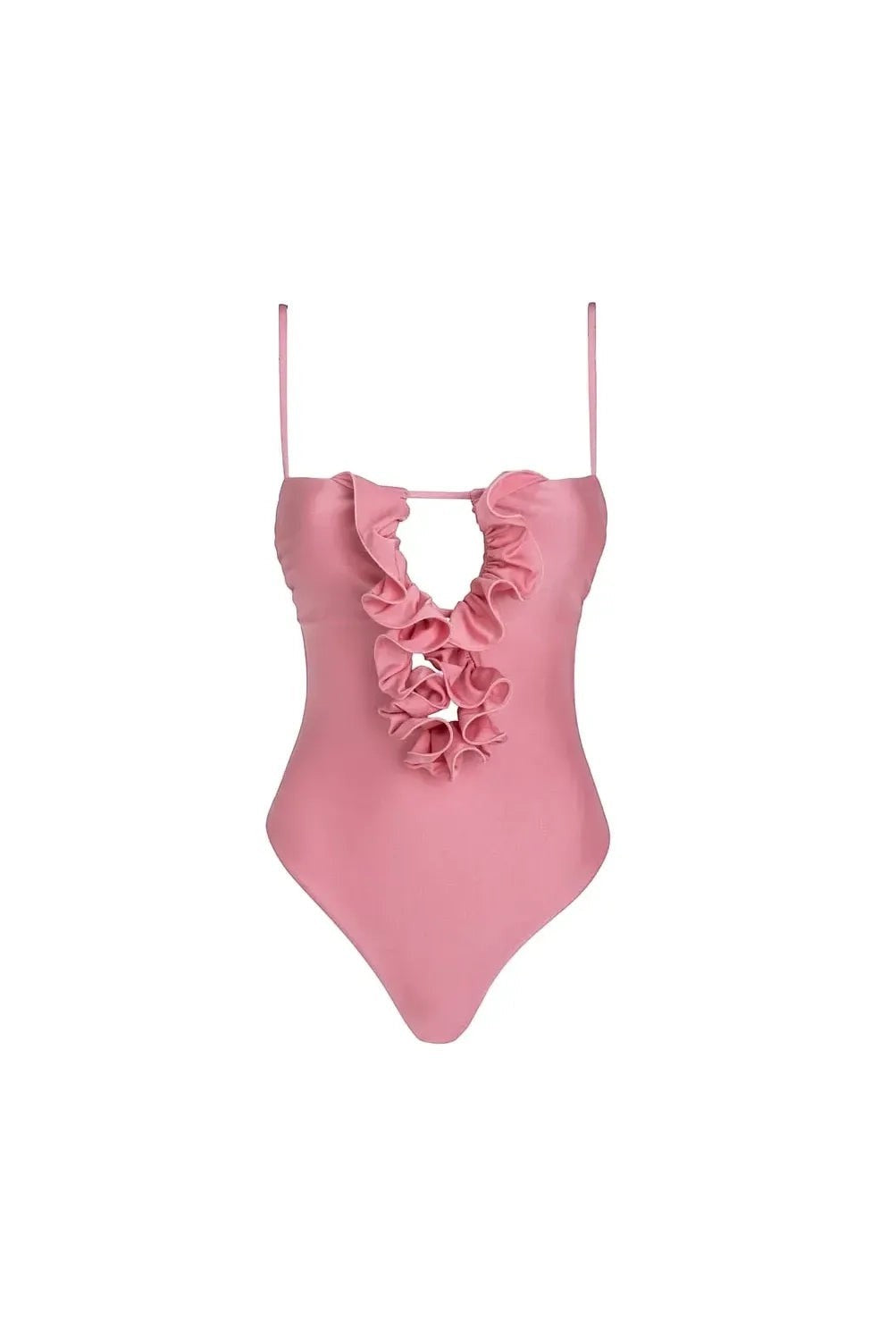 Miraee Paris Lara pink one-piece swimsuit featuring a deep neckline with ruffled trim and thin spaghetti straps.
