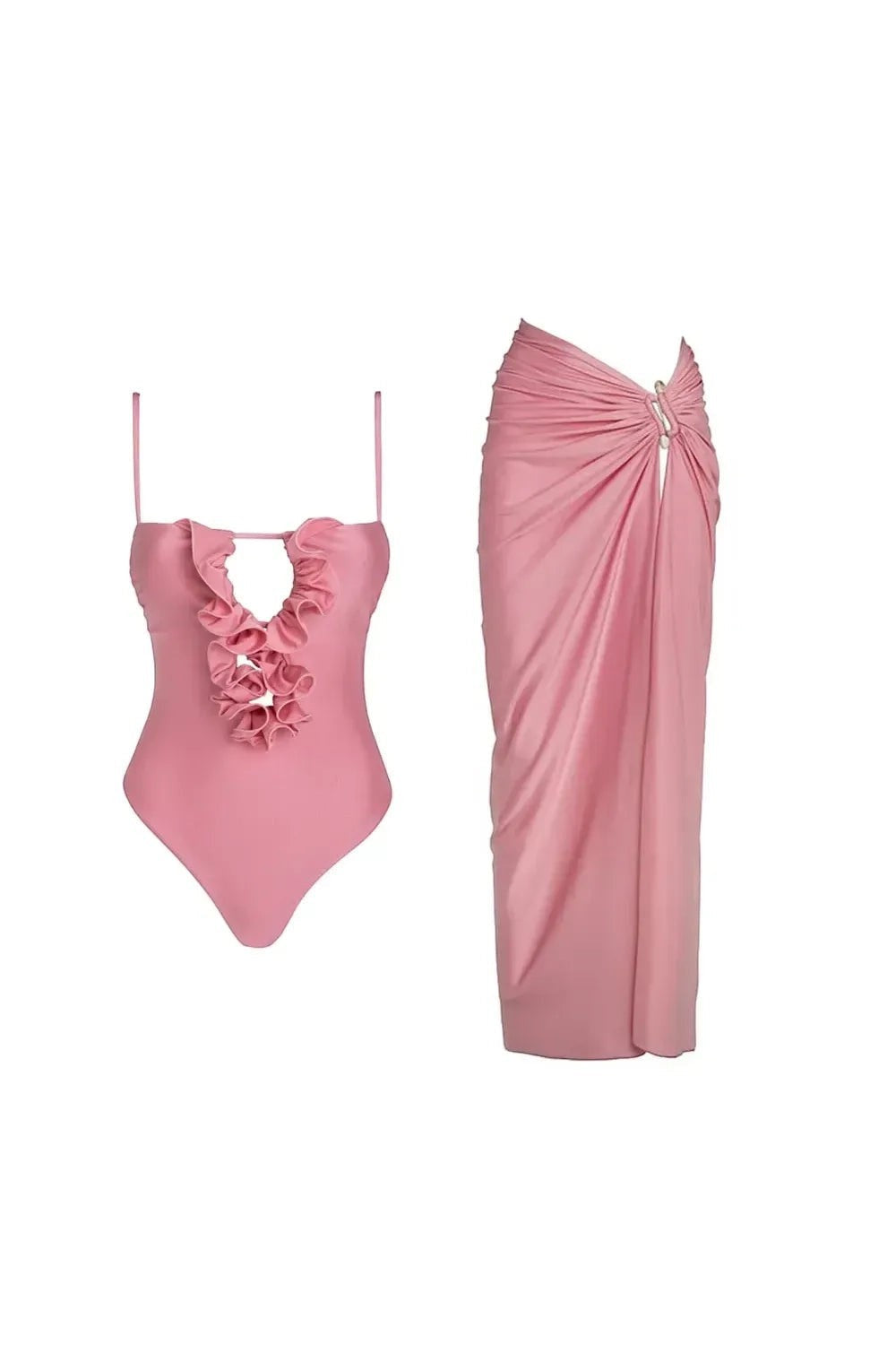 Miraee Paris Lara pink one-piece swimsuit with ruffled neckline and matching sarong cover-up for beach resort wear