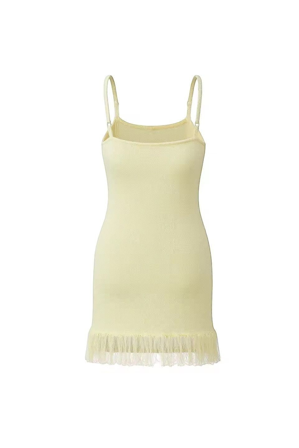 Miraee Paris Stella Mare lemon cream knit mini dress with spaghetti straps and fringe hem detail