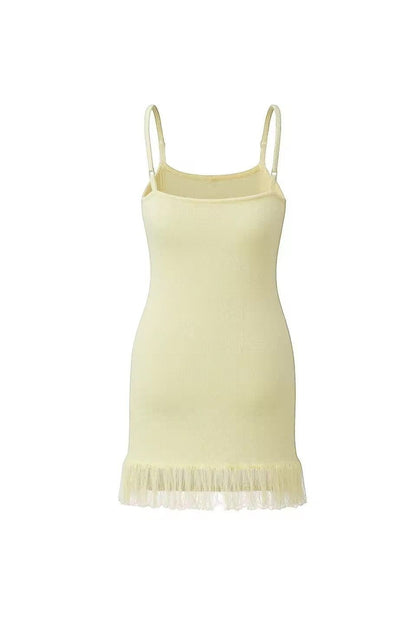 Miraee Paris Stella Mare lemon cream knit mini dress with spaghetti straps and fringe hem detail
