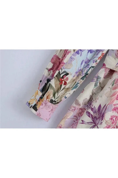 Miraee Paris Lena Floral Mini Dress sleeve detail featuring a vintage-inspired purple and pink botanical print