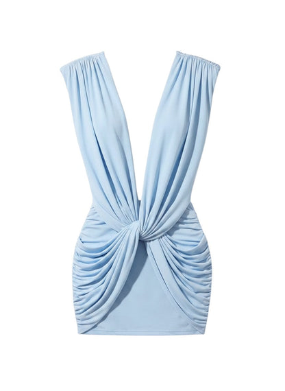 Miraee Paris light blue mini dress with deep V-neck, sleeveless design, and elegant front ruching detail.
