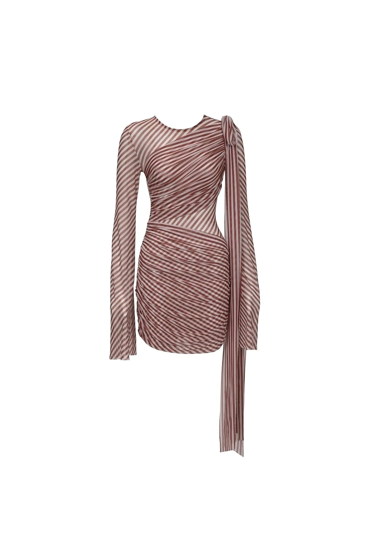 Miraee Paris Luna striped long-sleeve mini cover-up dress with ruched detailing and a draped shoulder tie.