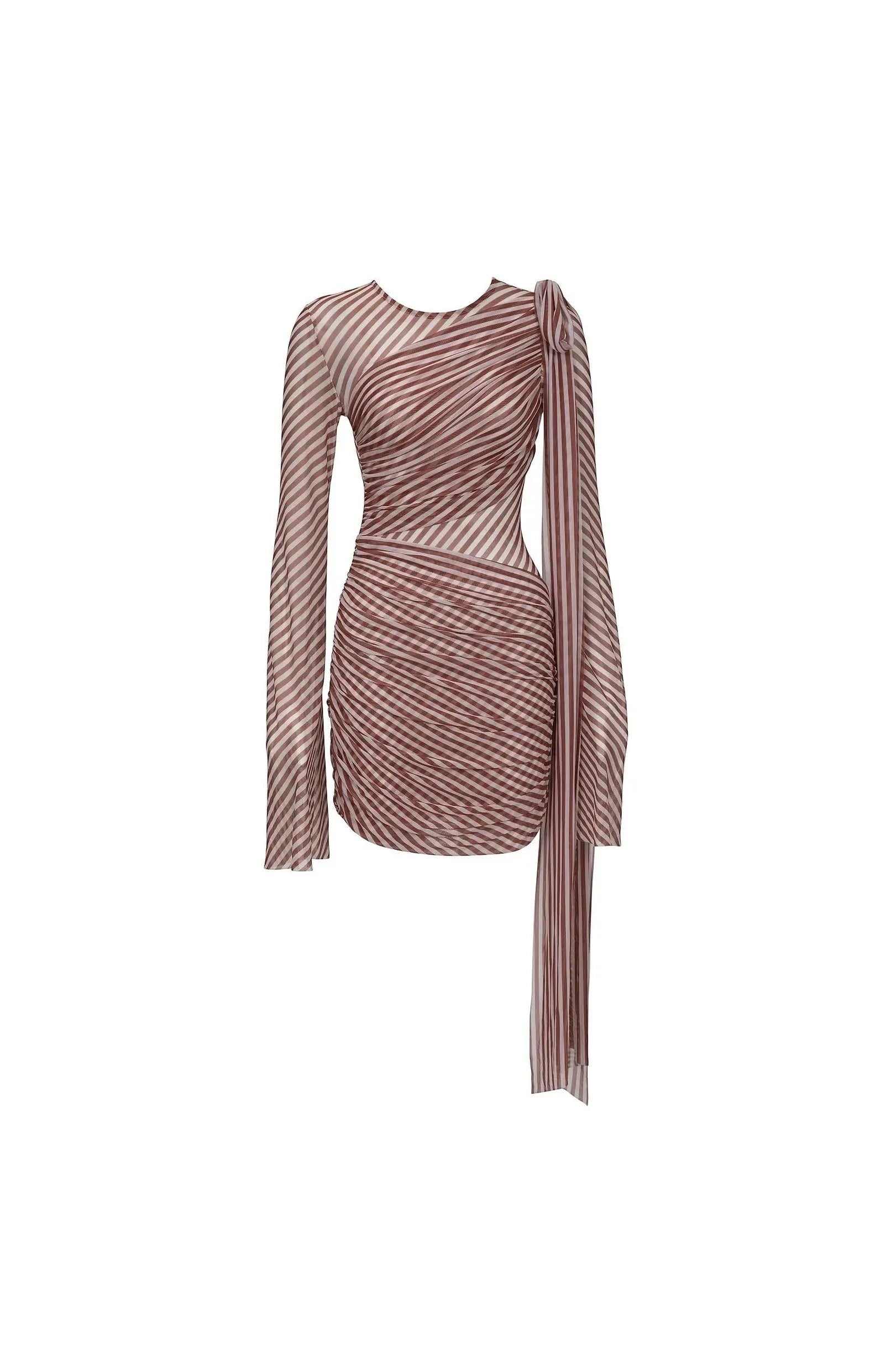 Miraee Paris Luna striped long-sleeve mini cover-up dress with ruched detailing and a draped shoulder tie.
