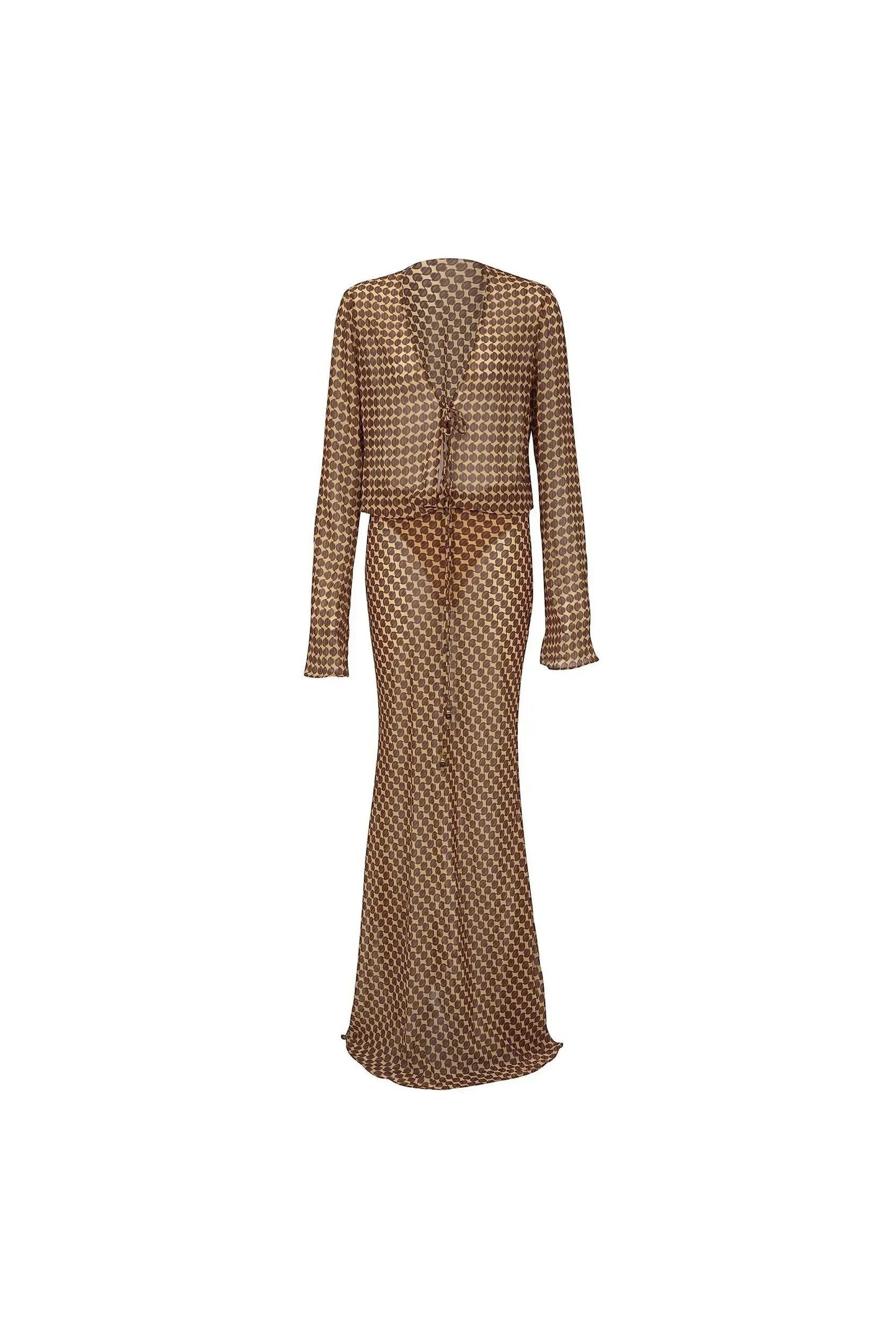 Miraee Paris Luna striped long-sleeve mesh beach cover-up dress in brown with a tie-front detail.