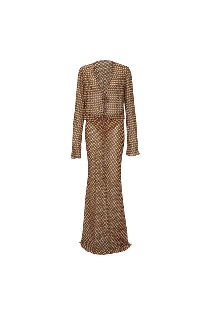 Miraee Paris Luna striped long-sleeve mesh beach cover-up dress in brown with a tie-front detail.