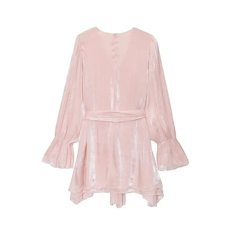 Miraee Paris light pink satin mini dress with long flared sleeves and a tie-waist detail on a white background.
