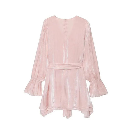 Miraee Paris light pink satin mini dress with long flared sleeves and a tie-waist detail on a white background.