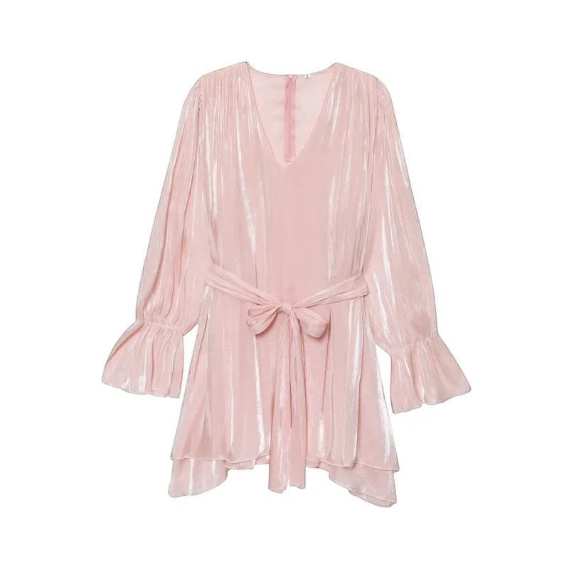 Miraee Paris light pink satin mini dress with long flared sleeves, a V-neckline, and a matching waist tie belt.