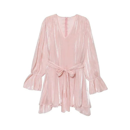 Miraee Paris light pink satin mini dress with long flared sleeves, a V-neckline, and a matching waist tie belt.